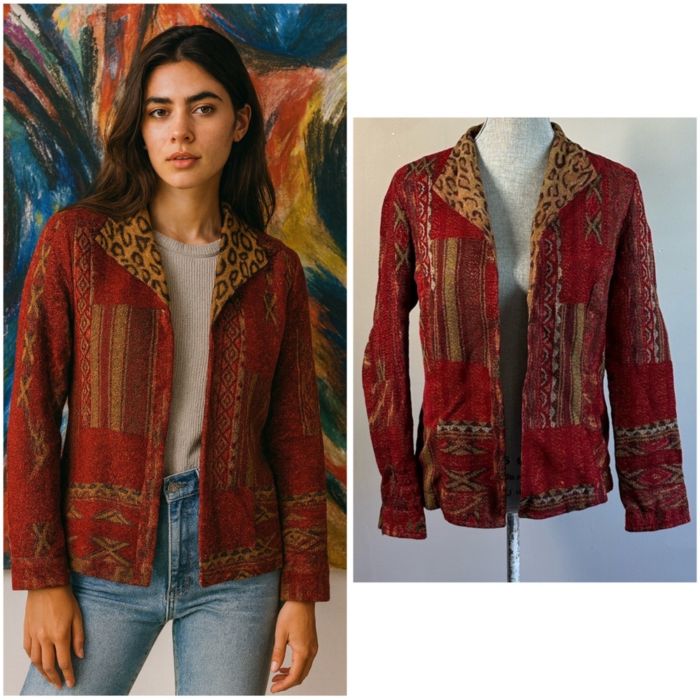 Coldwater Creek Patchwork Leopard Print Tapestry Jacket Size PS Artsy Maximalist